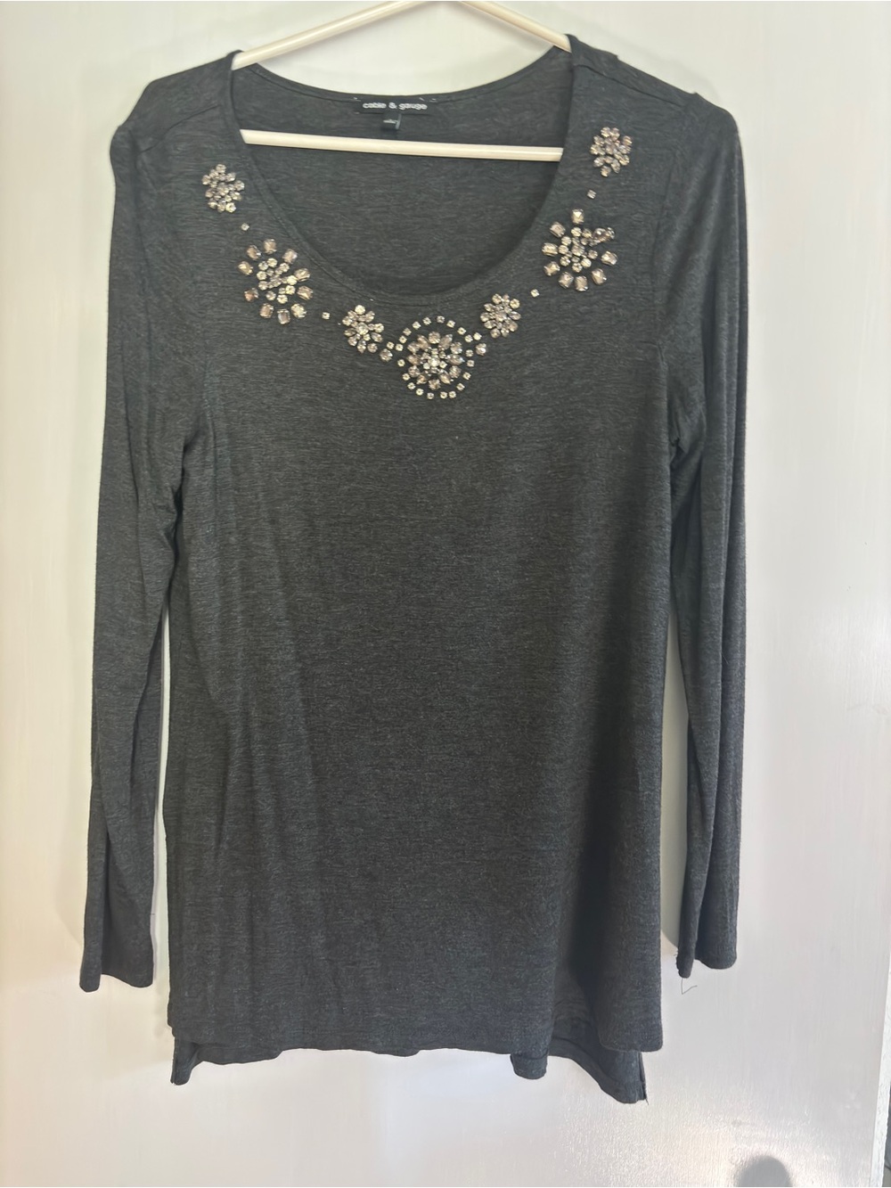 Cable & Gauge Charcoal grey Long Sleeve Scoop Neck Top with Rhinestone Detail